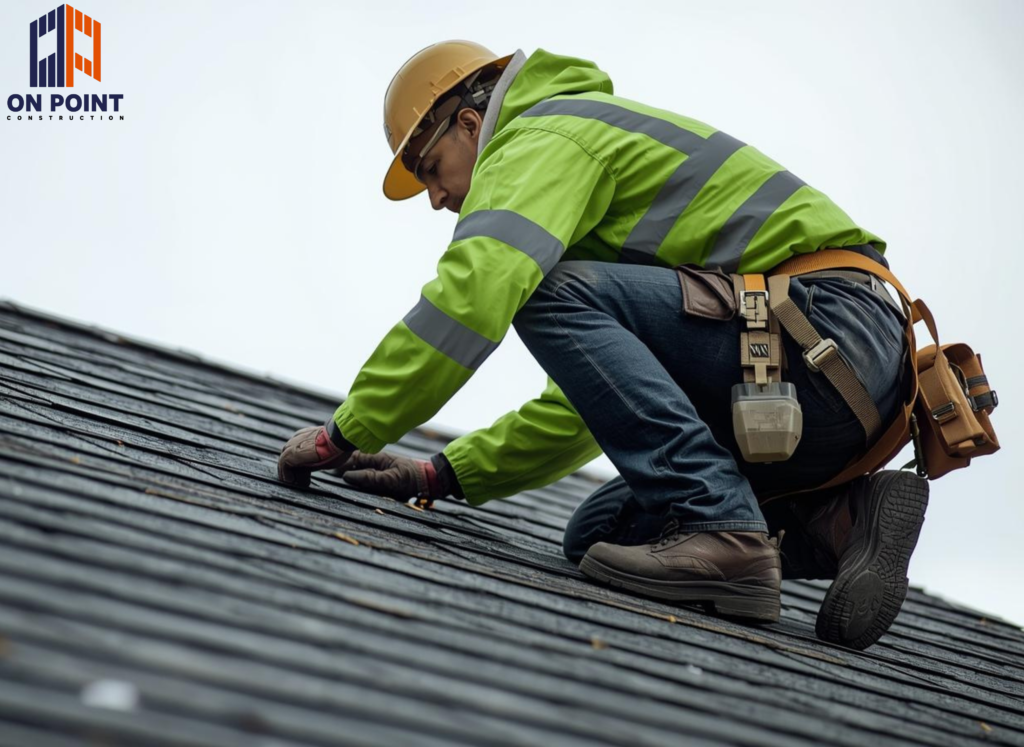 Roofing contractor inspecting shingle roof for storm damage in Miami-Dade County
